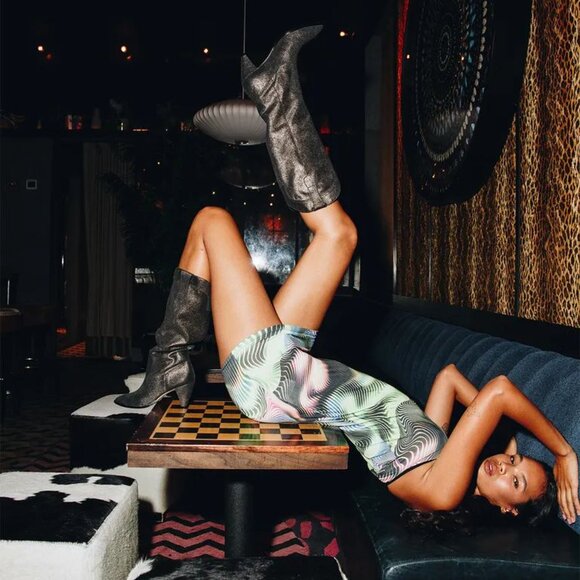 LARROUDE Louise Cowboy BOOTS Size 8 Shine Graphite Metallic Suede Leather $495 - Picture 4 of 15